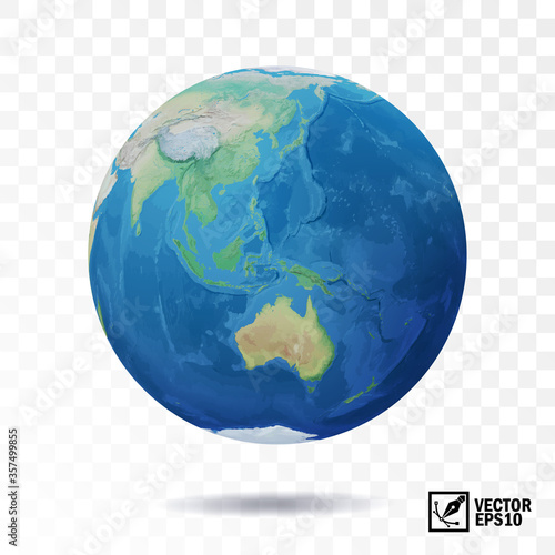 3D realistic, isolated vector earth, globe with view of the continents of Australia and Eurasia