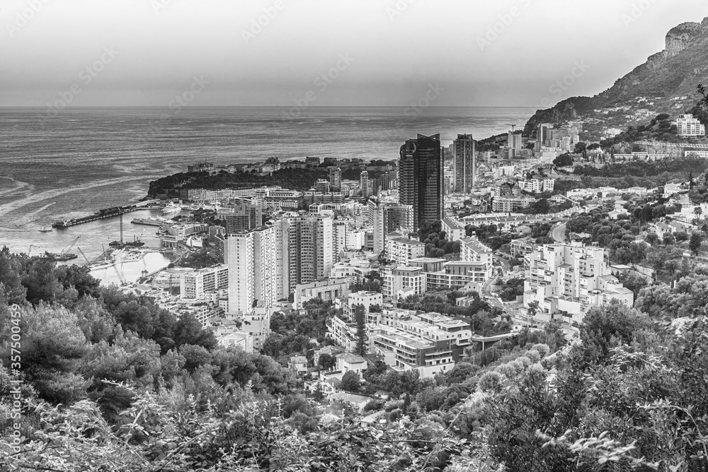 Panoramic view of Monaco at sunset from the Grande Corniche