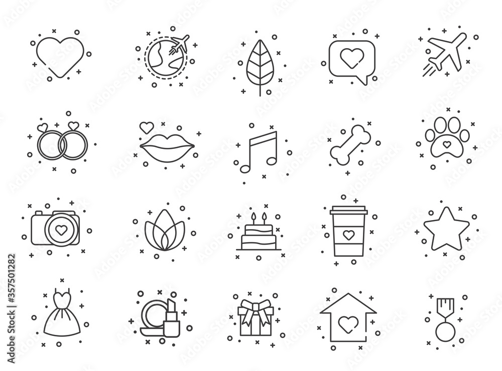 Fototapeta premium Set of simple flat universal icons. Nature, love, wedding, music, social media icons. Vector illustration.