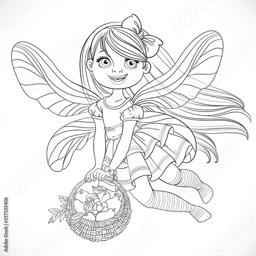 Cute little fairy girl with a round wicker basket filled fruits outlined for coloring isolated on a white background