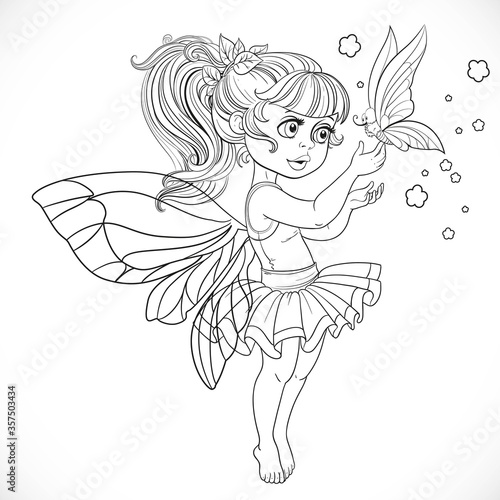 Sweet fairy in tutu holding a large butterfly on the finger outlined for coloring book isolated on a white background