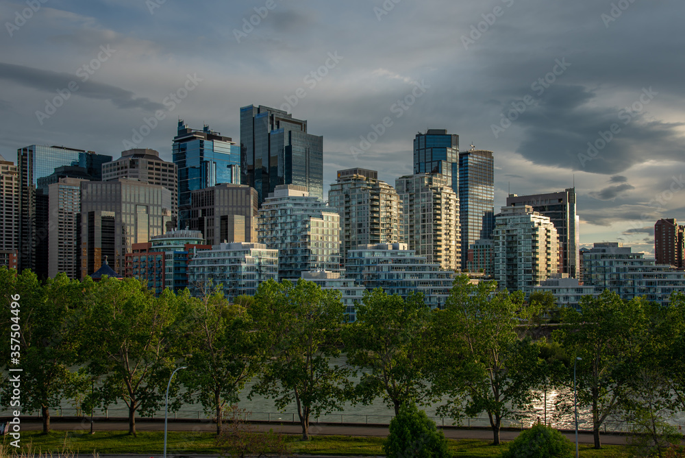 View of Calgary's skyline on a warm spring evening. 