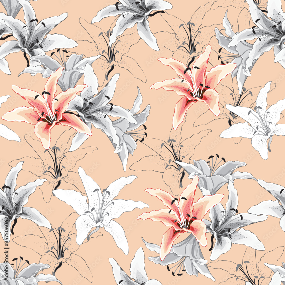 Seamless pattern vintage lilly flowers pastel background.Vector illustration. - obrazy, fototapety, plakaty 
