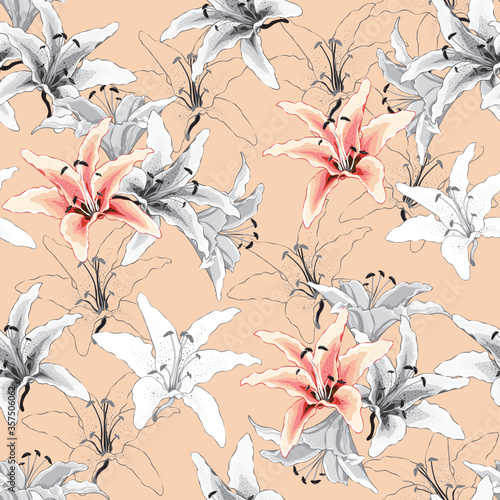 Seamless pattern vintage lilly flowers pastel background.Vector illustration.