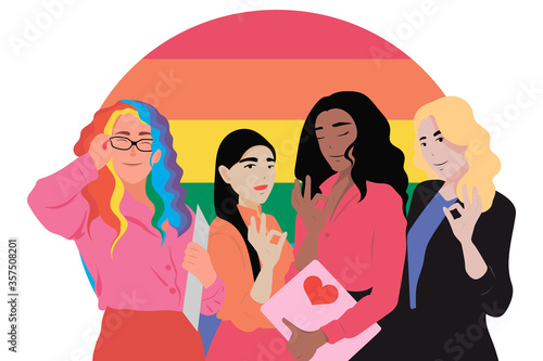 Four smiling business woman showing okay gesture and LGBT flag behind them on white background. Young lesbian group with round shaped gay pride rainbow flag. LGBT concept. Vector illustration.