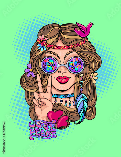 Sexy hippie girl with a guitar in glasses shows victory sign and peace and love. Vector colorful background in pop art retro comic style. Symbol pacificism freedom and love