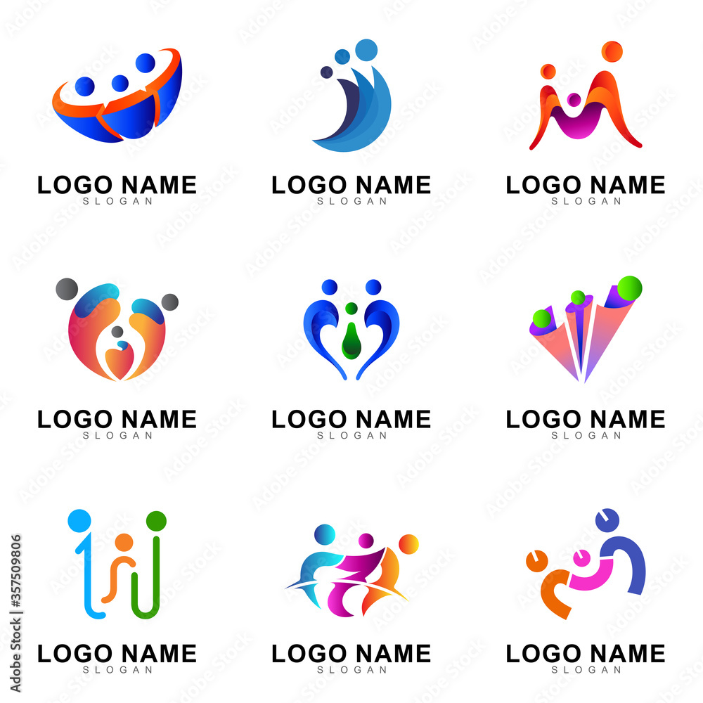 set of colorful people logo design for family care,healthy life,kid adoption,education school,clinic icon and human social relationship