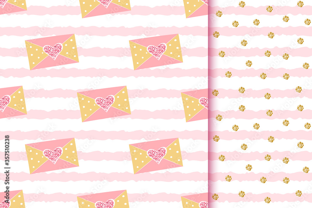 Romantic glittering golden seamless patterns with love messages in envelopes with sparkle hearts on pink stripe background, golden polka dots texture. Romantic glittering golden seamless patterns with love messages in envelopes with sparkle hearts on pink stripe background, golden polka dots texture.