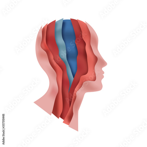 Paper cut man head illustration on isolated white background. Colorful unisex person face profile with layered 3D papercut waves for psychology therapy, creative mind or social business concept. 