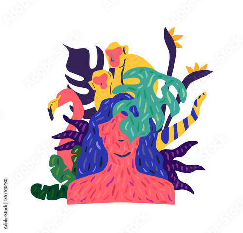 Woman portrait in colorful wild tropical nature decoration. Flat cartoon character illustration with beautiful summer season flower and animal wildlife, feminist concept or modern jungle print. 