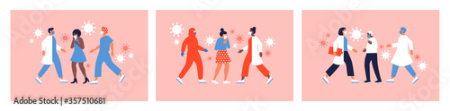 Coronavirus disease concept illustration set of diverse people infected with corona virus. Covid-19 patients sick at hospital being treated by doctors and nurses.