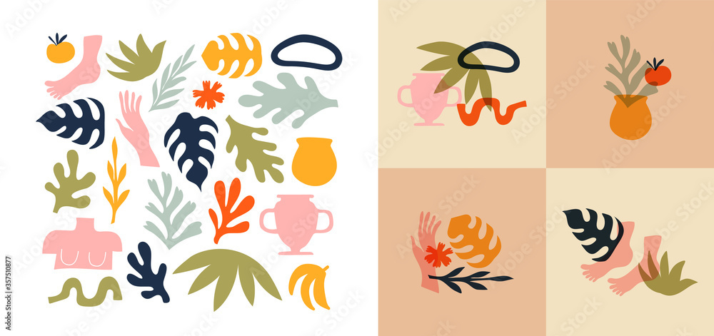 Big set of abstract organic nature shapes and exotic tropical decoration in trendy matisse inspired art style. Modern summer doodle icons on isolated white background with premade designs. Big set of abstract organic nature shapes and exotic tropical decoration in trendy matisse inspired art style. Modern summer doodle icons on isolated white background with premade designs.