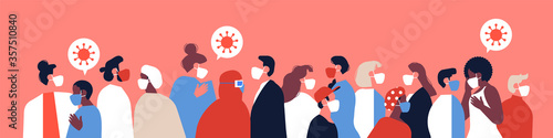 Diverse people group crowded together with coronavirus infected patients. Includes doctor, nurses and hazmat suit worker wearing face mask for health protection on isolated background.