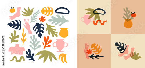Big set of abstract organic nature shapes and exotic tropical decoration in trendy matisse inspired art style. Modern summer doodle icons on isolated white background with premade designs.