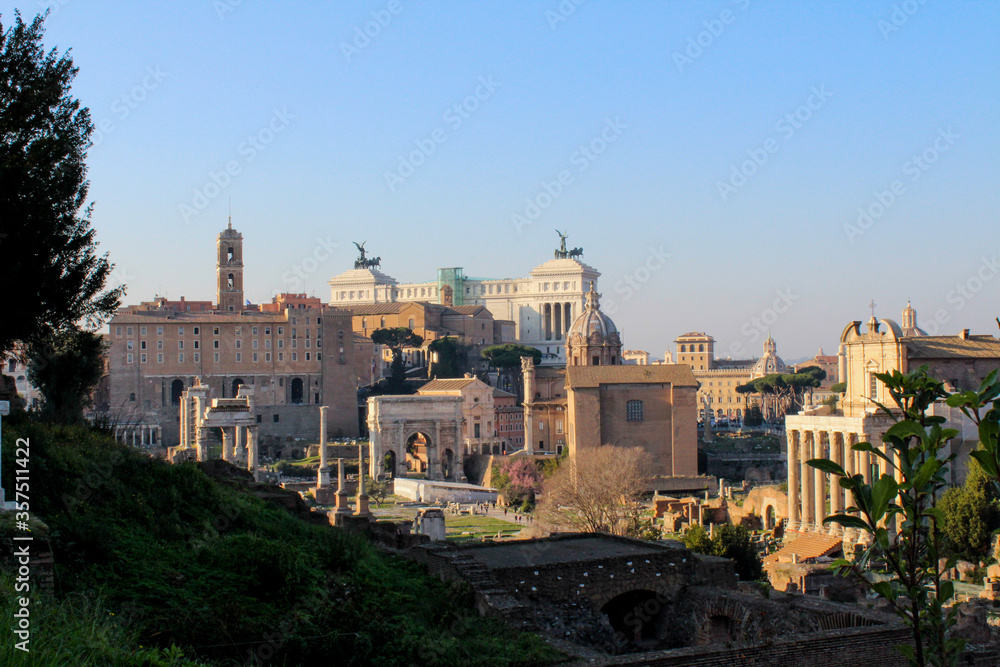 The Roman Forum or Foro Romano, Rome, Italy. Ruins of ancient building with columns.