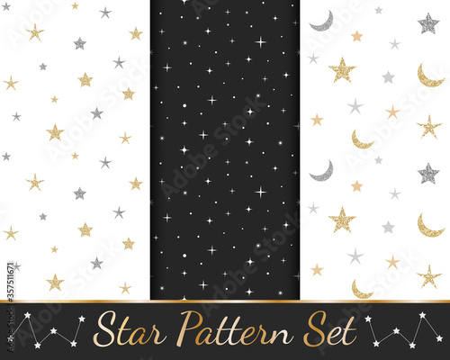 Set of seamless patterns with glittery golden and silver stars, moon, night and day, vector illustration