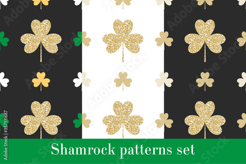 Set of geometrical seamless patterns with golden shamrock leaves, Saint Patrick's day symbols. Vector.