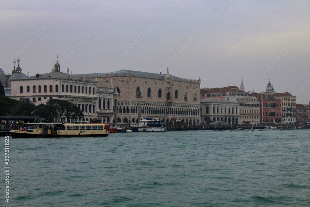 A view of Riva degli Schiavoni, Biblioteca Nazionale Marciana, Saint Mark and Saint Theodore Column, the Doge's Palace and St Mark's Campanile, Venice, Italy.