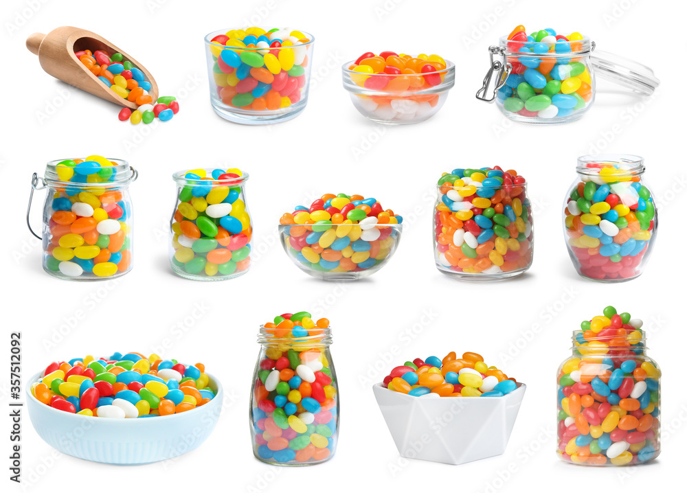 Set with delicious color jelly beans on white background Set with delicious color jelly beans on white background