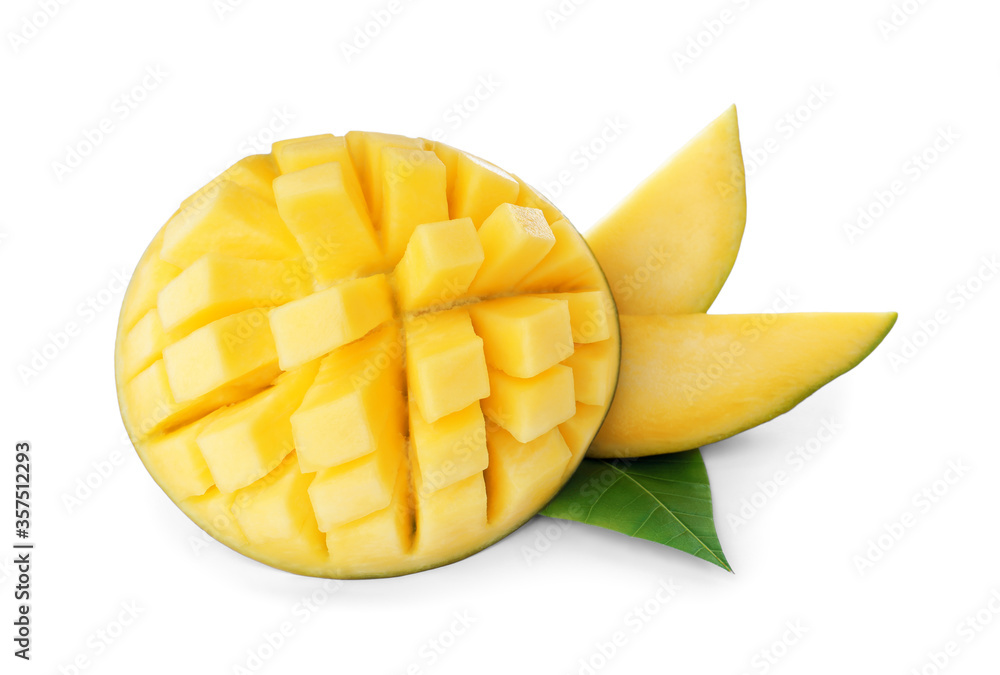 Delicious ripe mango cut into cubes and slices isolated on white Delicious ripe mango cut into cubes and slices isolated on white