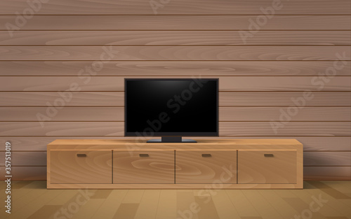 lcd tv on the wooden showcase and cabinet in the livingroom	