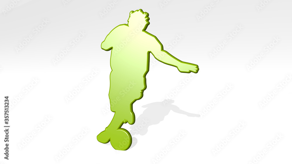 MAN PLAYING SOCCER on the wall. 3D illustration of metallic sculpture over a white background with mild texture MAN PLAYING SOCCER on the wall. 3D illustration of metallic sculpture over a white background with mild texture
