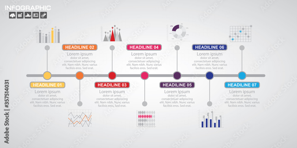 Fototapeta premium Timeline infographics design template with 7 options, process diagram, vector eps10 illustration