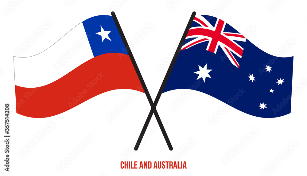 Chile and Australia Flags Crossed And Waving Flat Style. Official Proportion. Correct Colors.