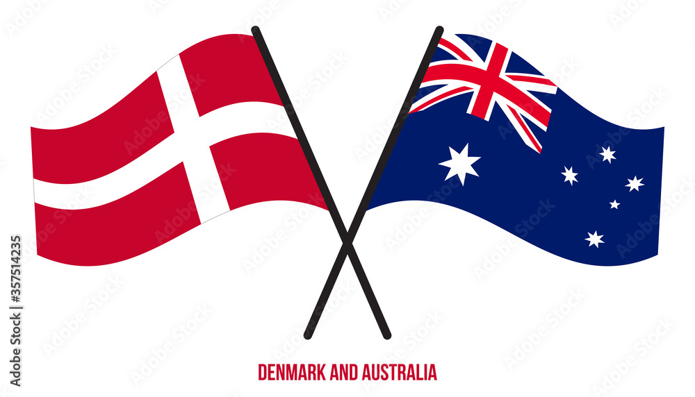 Denmark and Australia Flags Crossed And Waving Flat Style. Official Proportion. Correct Colors.