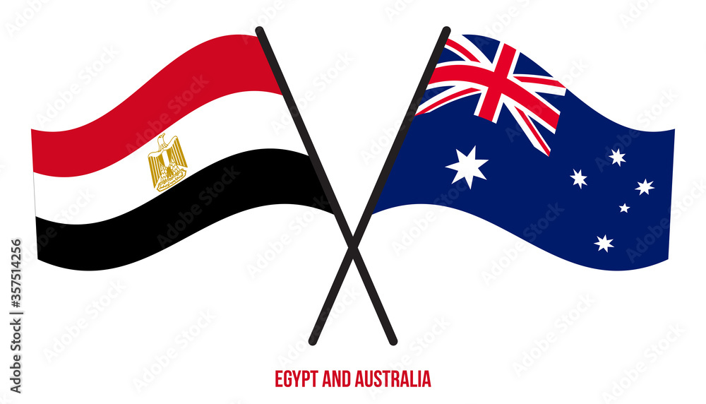 Egypt and Australia Flags Crossed And Waving Flat Style. Official Proportion. Correct Colors.