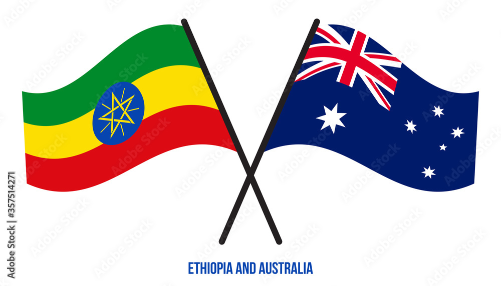 Ethiopia and Australia Flags Crossed And Waving Flat Style. Official Proportion. Correct Colors.