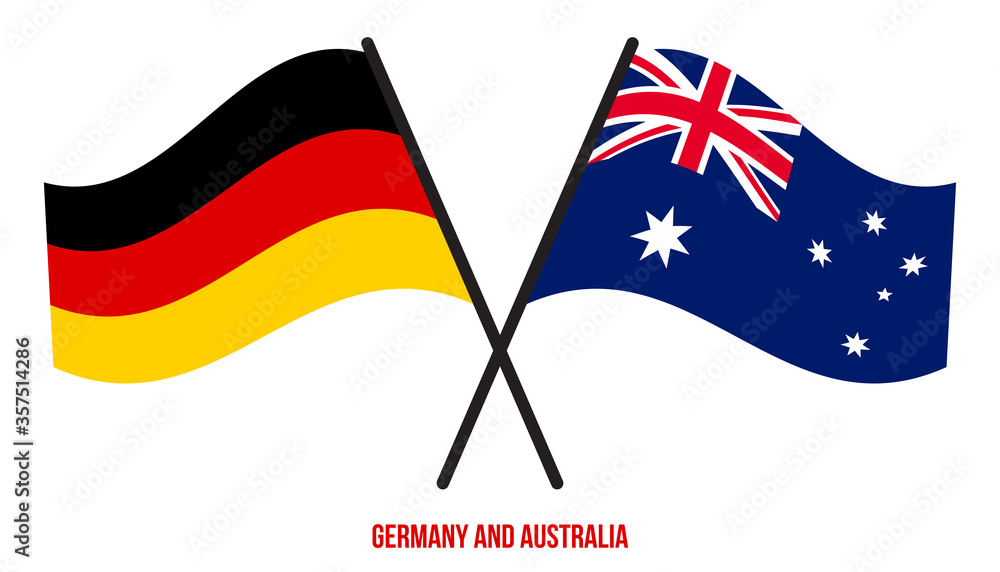 Germany and Australia Flags Crossed And Waving Flat Style. Official Proportion. Correct Colors.