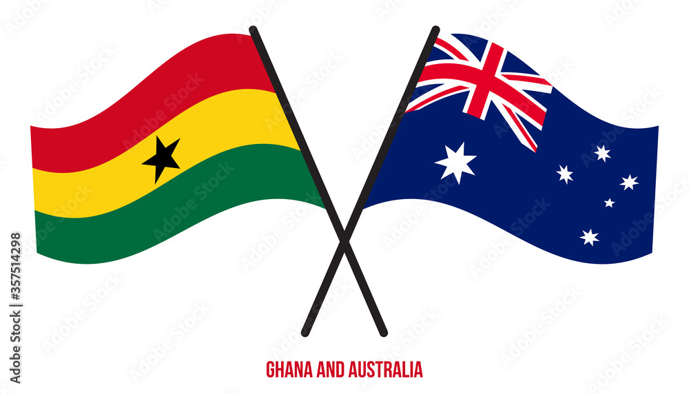 Ghana and Australia Flags Crossed And Waving Flat Style. Official Proportion. Correct Colors.