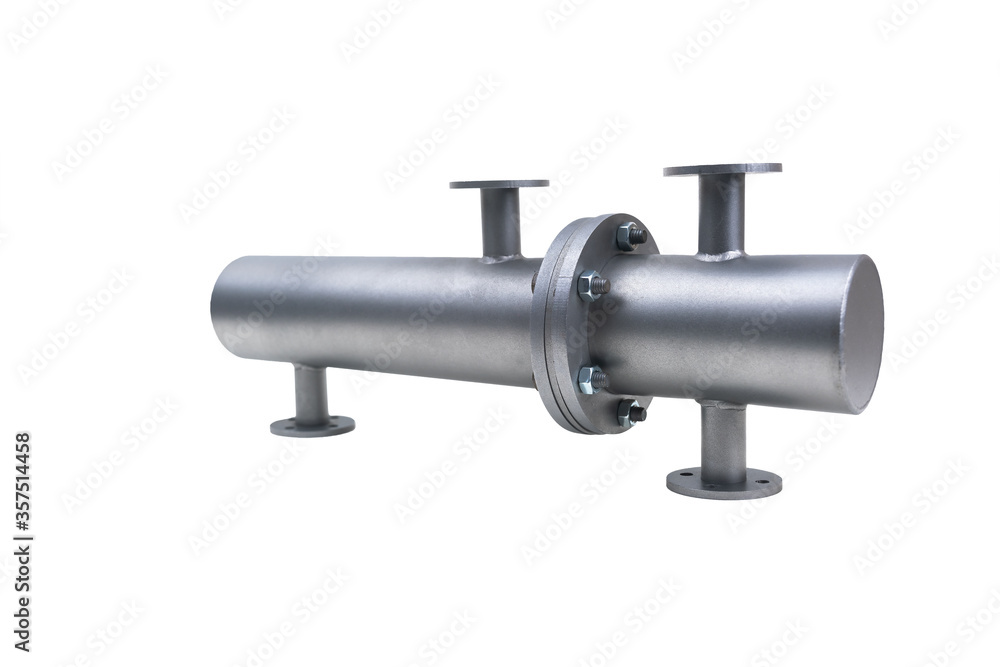 Shell and tube heat exchanger isolated on white background. Selective focus. Shell and tube heat exchanger isolated on white background. Selective focus.