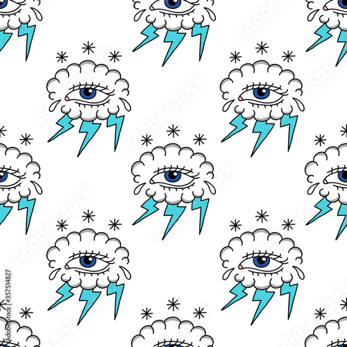 cloud with eye illustration traditional tattoo flash seamless doodle pattern, vector color illustration