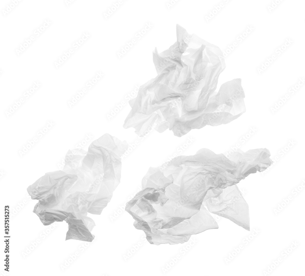 Used crumpled paper tissues isolated on white, top view Used crumpled paper tissues isolated on white, top view