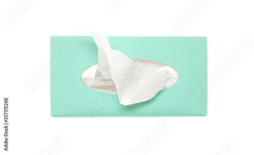 Box with paper tissues isolated on white, top view