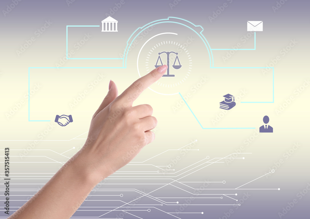 Lawyer touching virtual screen with different icons, closeup Lawyer touching virtual screen with different icons, closeup