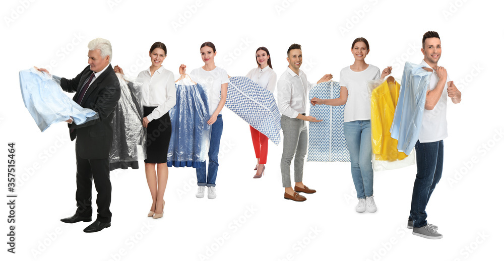 Obraz premium Collage with photos of people holding clothes in plastic bags on white background. Dry-cleaning service