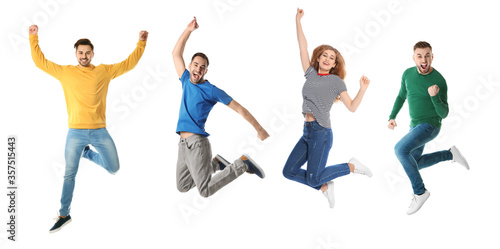 Collage with photos of happy people celebrating victory on white background. Banner design