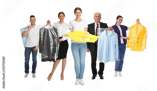 Collage with photos of people holding clothes in plastic bags on white background. Dry-cleaning service