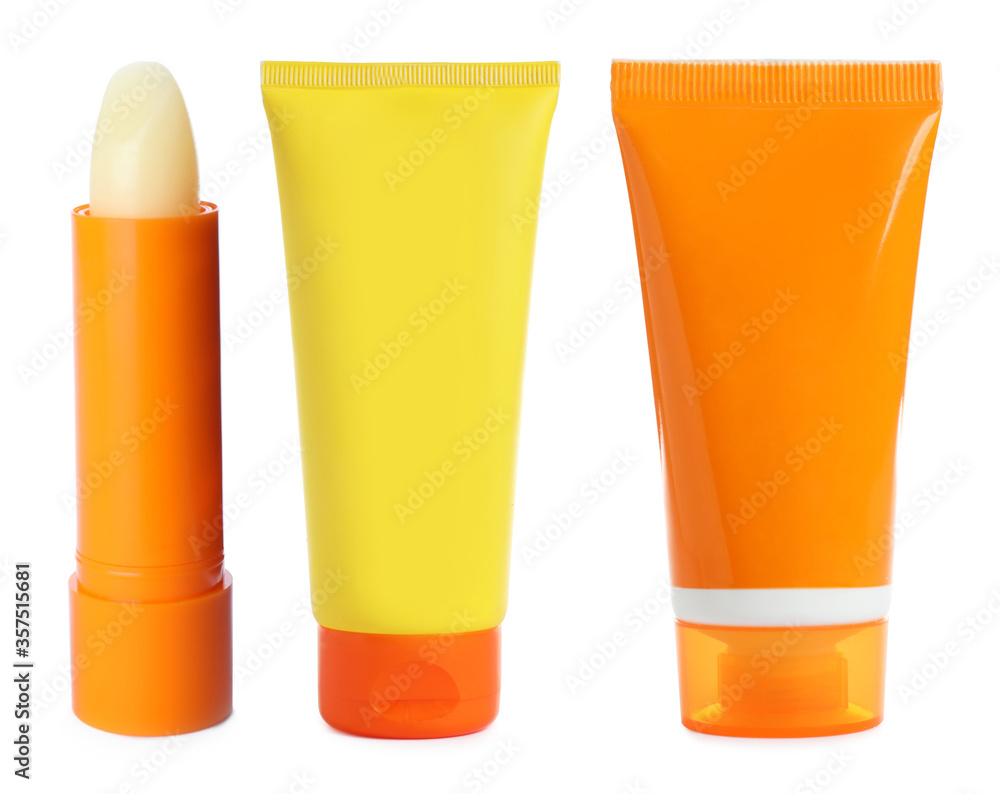 Set with sun protection cosmetic products on white background Set with sun protection cosmetic products on white background