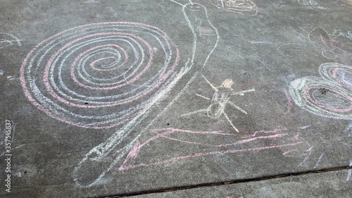 Children chalk paintings on the pave way in kindergarten