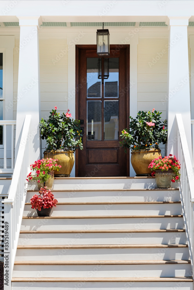 front door, brown front door with potted plants 