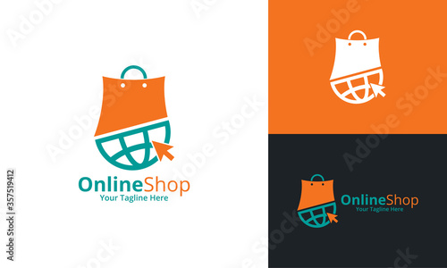Online Shop Logo designs Template. Illustration vector graphic of globe icon and shop bag combination logo design concept. Perfect for Ecommerce,sale, discount or store web element. Company emblem