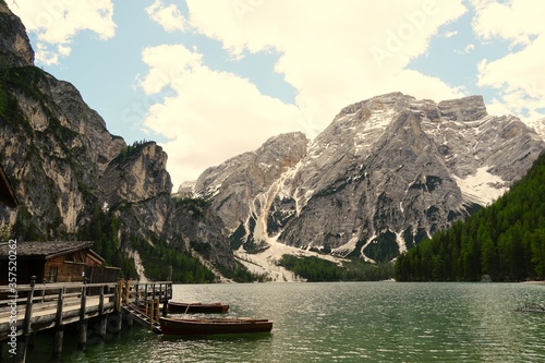 Horizontal shot of the Prags lake in The Fanes-Senns-Prags Nature Park located in South Tyrol, Italy photo