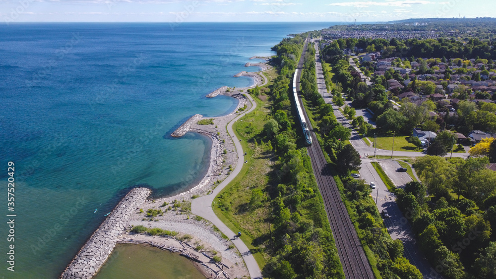 Beautiful Aerial View of Lakeside Park with Blue Sky and Train and Beautiful Rock Beach