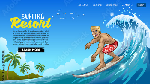 landing page design of muscle surfer man play surfing