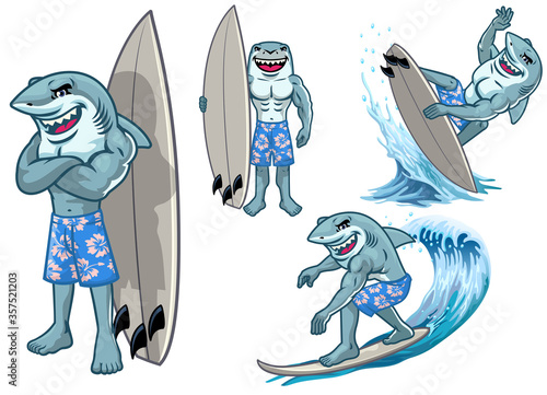 set of cartoon great white shark surfing character mascot