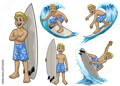 set of cartoon surfer white boy